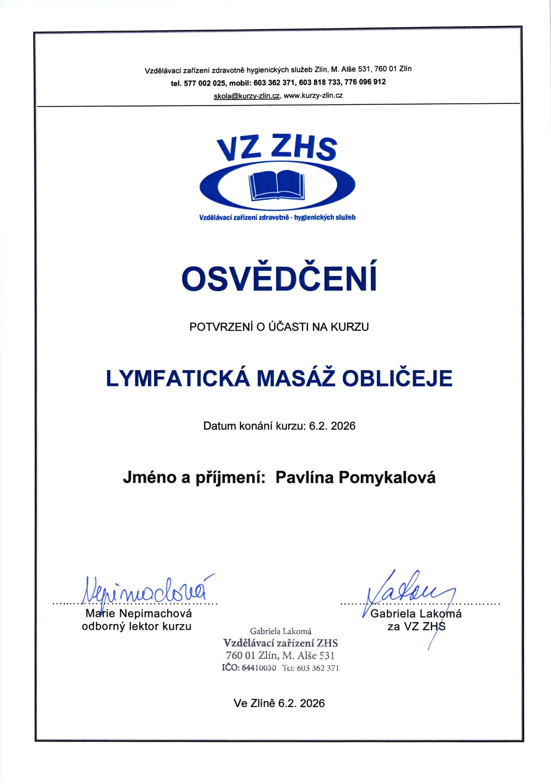 Certifikát z odborného školení
